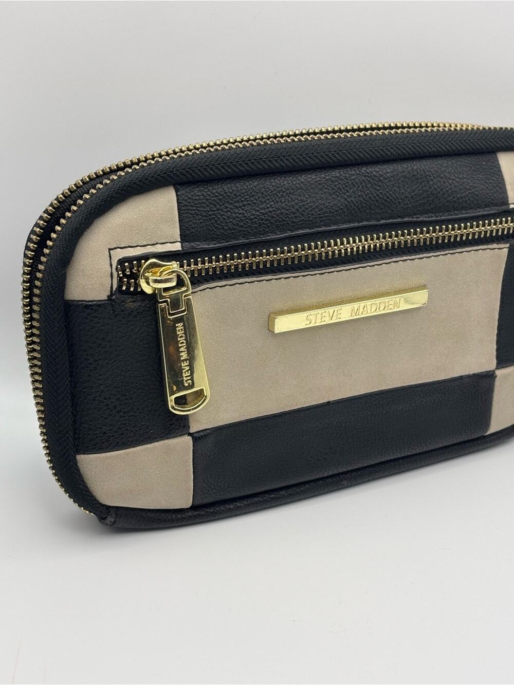 Steve Madden Wallet Wristlet, Black and Gray Checkered with Gold-Tone Hardware